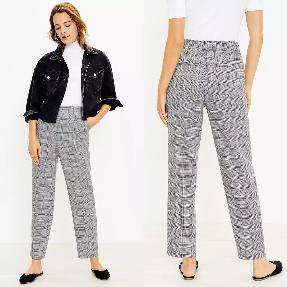 ANN Taylor Loft Gray Plaid Pleated Pull-On Tapered Loose Fit Cropped Pants Large